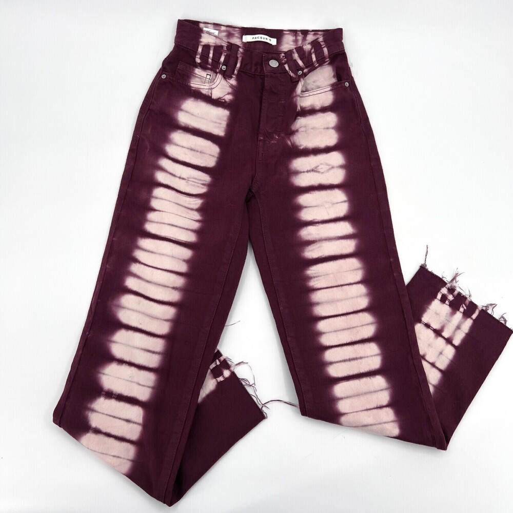 NEW Pacsun Jeans Teens 22 Burgundy Raw Hem Straight Distressed Skater